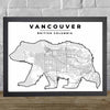  Framed classic Vancouver, British Columbia map print: Grizzly bear silhouette poster, a blend of natural beauty and art.