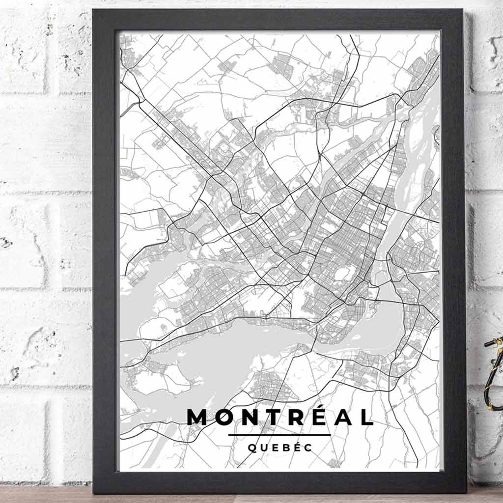 The Montreal and Quebec poster map print elegantly balances classic minimalism. Grey and white hues create a timeless look, beautifully portraying both cities' intricacies.