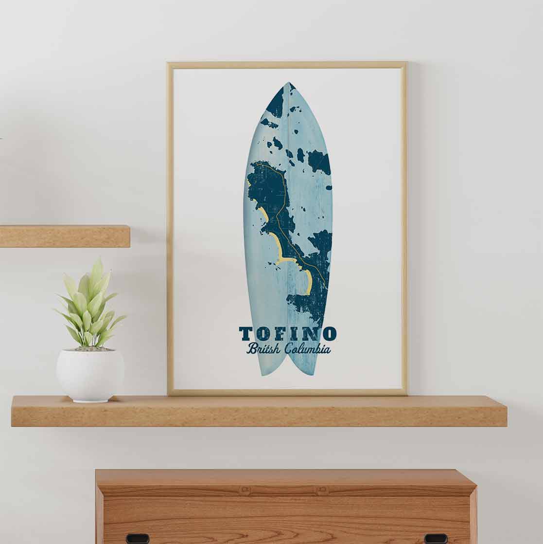 Framed Tofino vintage surf board map print is showing Mackenzie , Cox, Sunset Bench at Middle beach is a classic map