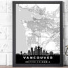 Highly detailed Vancouver skyline art poster map print for a classic and minimalist look, infused with a touch of white and grey elegance.