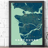 Framed Vancouver vintage style blue, yellow art deco print is a map poster featuring all streets and neighborhoods in Greater Vancouver.