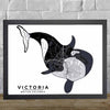  Framed classic Victoria, British Columbia map print: Orca silhouette poster, a blend of natural beauty and art