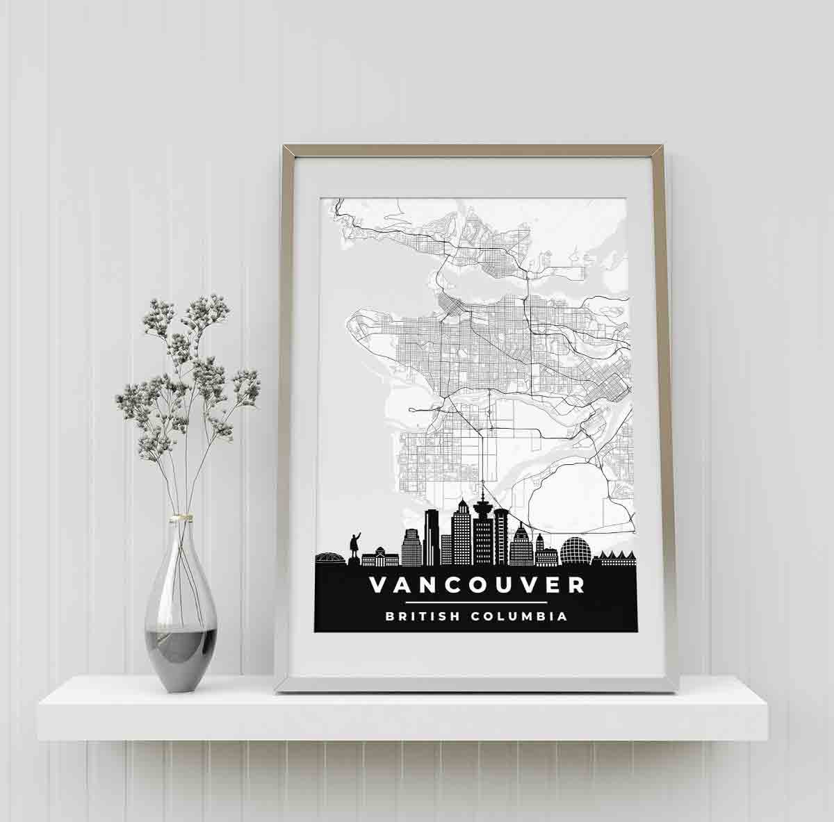 Framed, Vancouver skyline Highly detail, BC, poster map print is classic and minimalist, with a touch of grey and white
