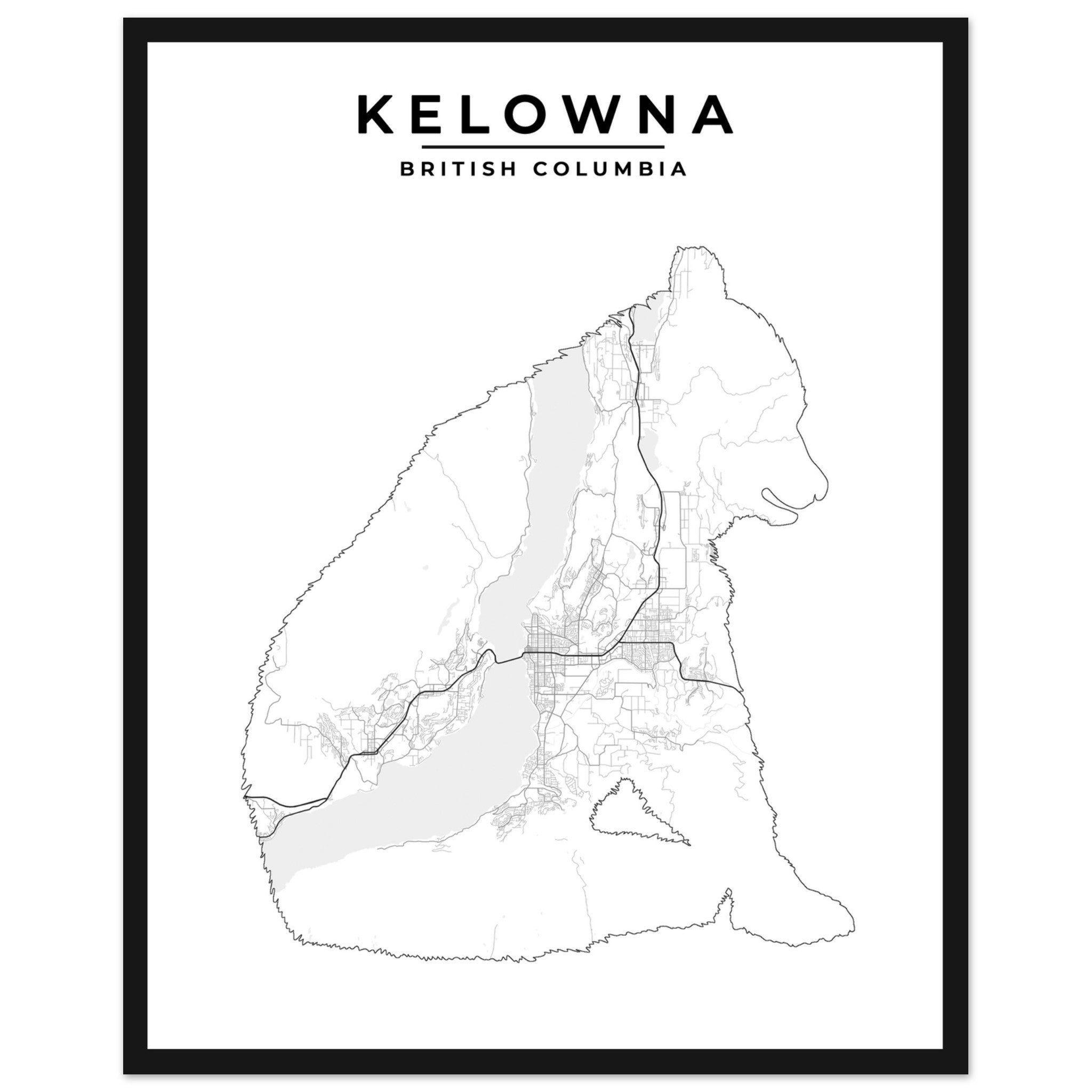  Kelowna grizzly bear map: Grey print poster with bear-shaped outline. Artistic and captivating
