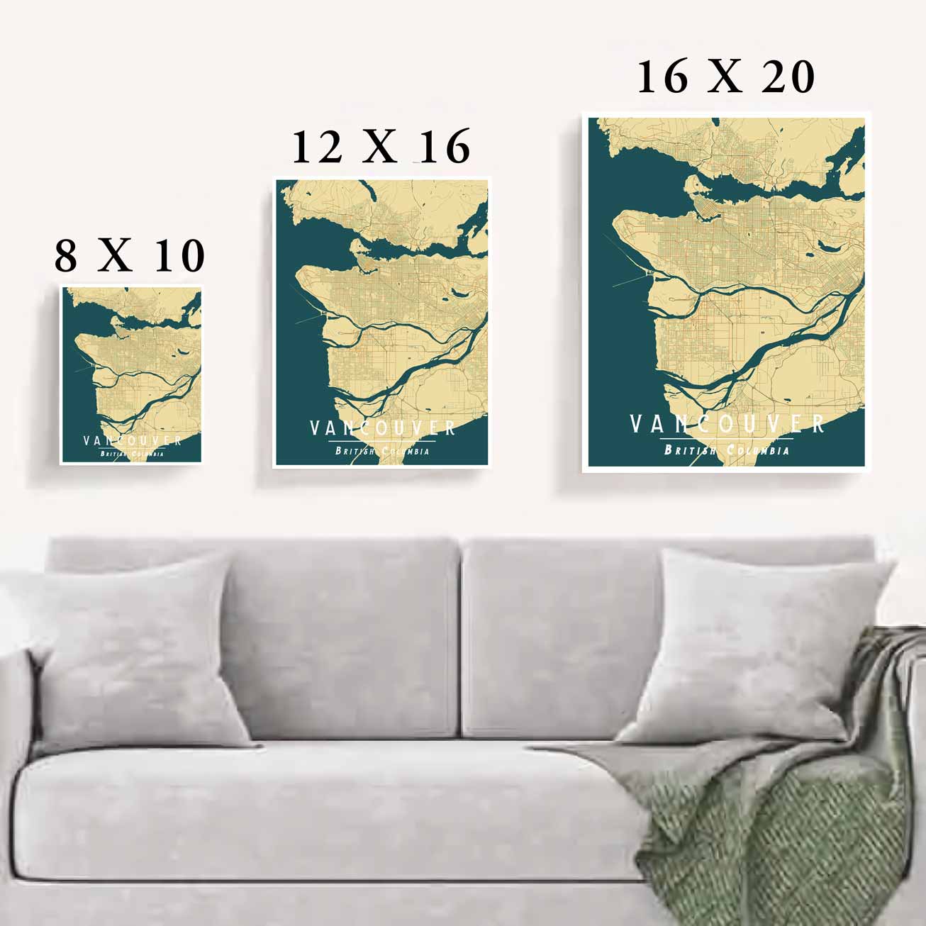Living Room Vancouver vintage style yellow art print is a map poster featuring all streets and neighborhoods in Greater Vancouver.