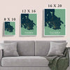 Living Room Victoria vintage style blue, art deco print is a map poster featuring all streets and Victoria's neighborhoods, Brentwood Bay, Oak Bay.