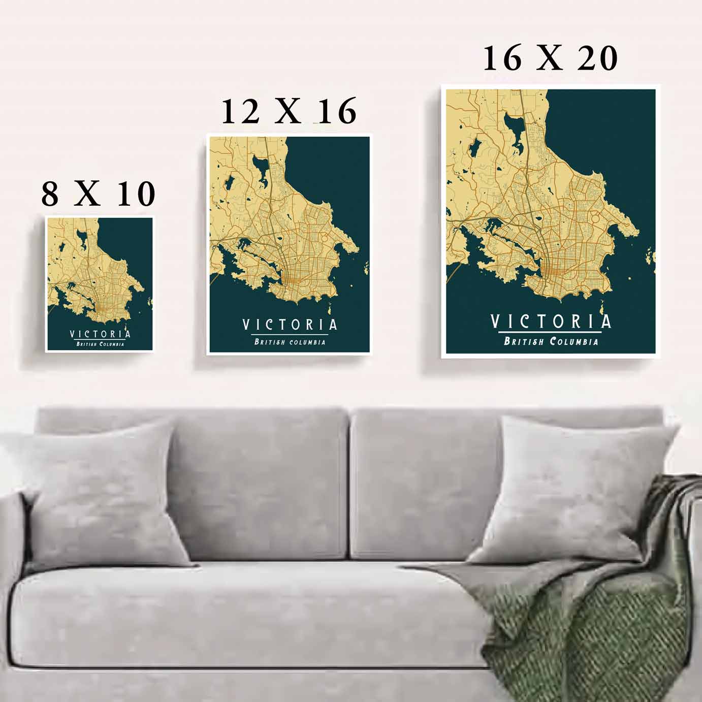 Living Room, Victoria vintage style art print is a map poster featuring the streets of Victoria in beautiful yellow tones.