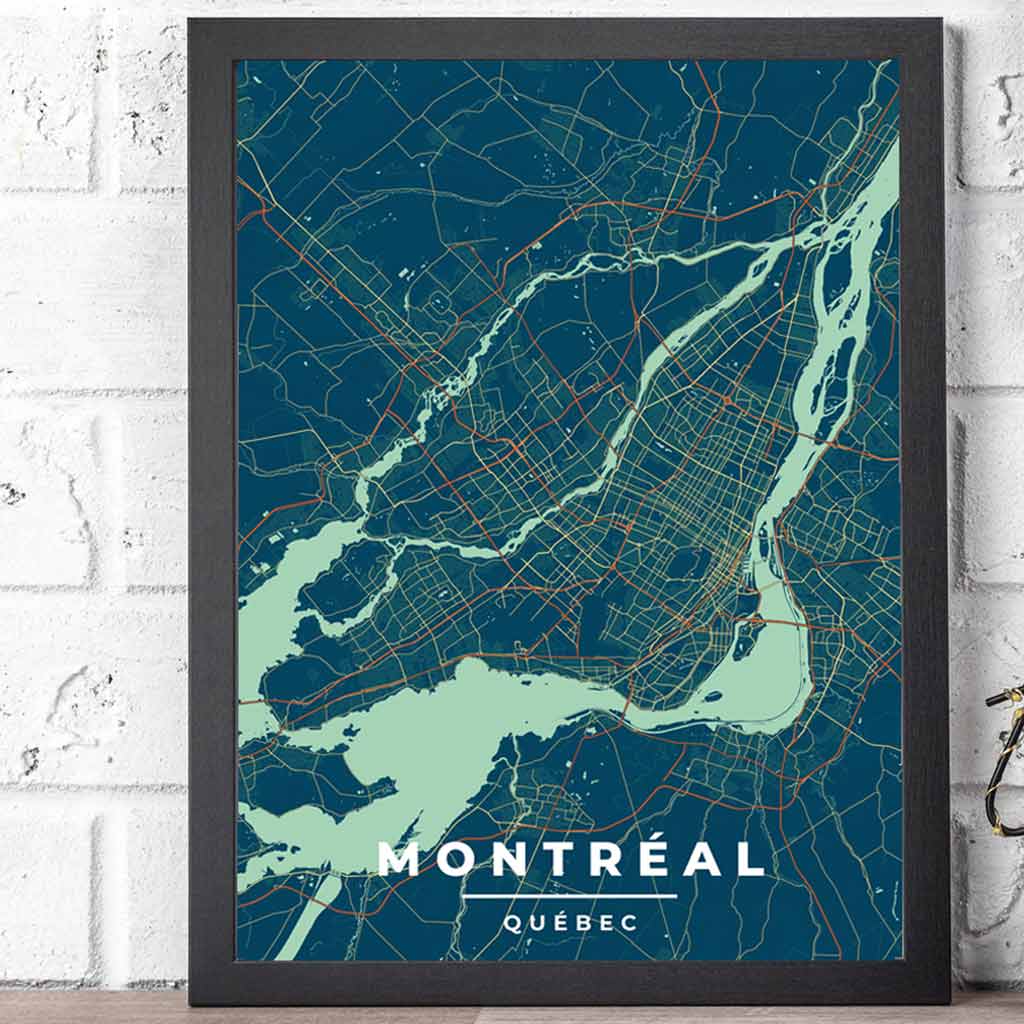 Vintage Montreal map print in an art deco style, showcasing the city's urban charm with green and blue tones, ideal for adding character to any space.