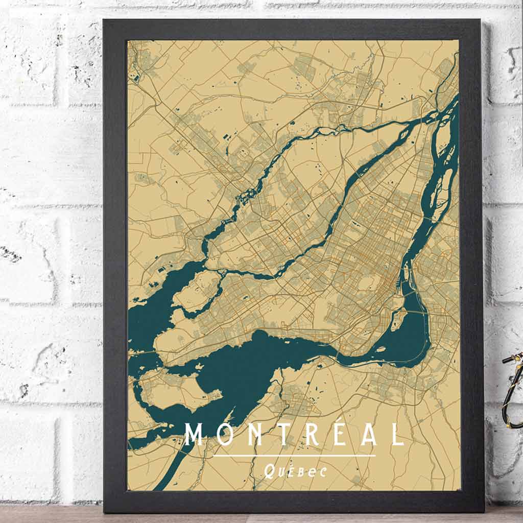 Montreal Vintage-Style Yellow Map Print: Streets and neighborhoods art deco poster for a stylish living room