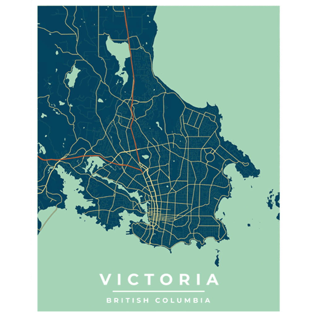Victoria, BC vintage style blue, art deco print is a map poster featuring all streets and Victoria's Inner Harbour, Brentwood Bay, Oak Bay.