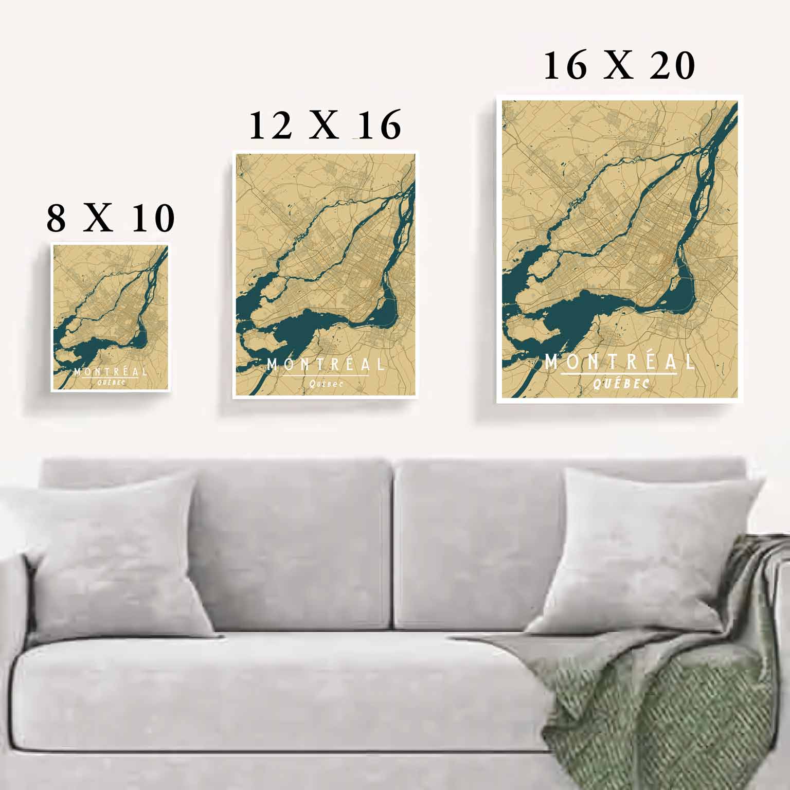 Vintage Art Deco Montreal Map Print: Streets and neighborhoods poster with yellow tones, ideal for a chic living room display.