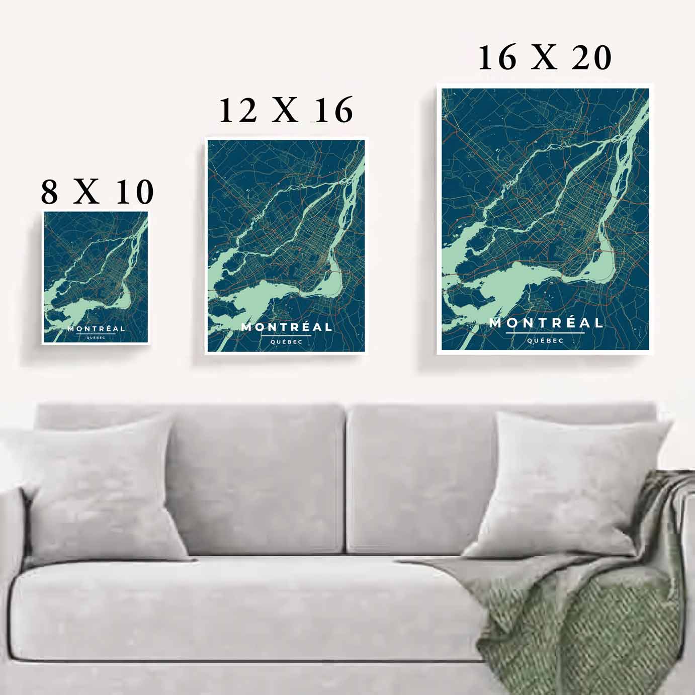 Vintage Montreal map print in an art deco style, a perfect addition to your living room, showcasing the city's urban charm with green and blue tones.