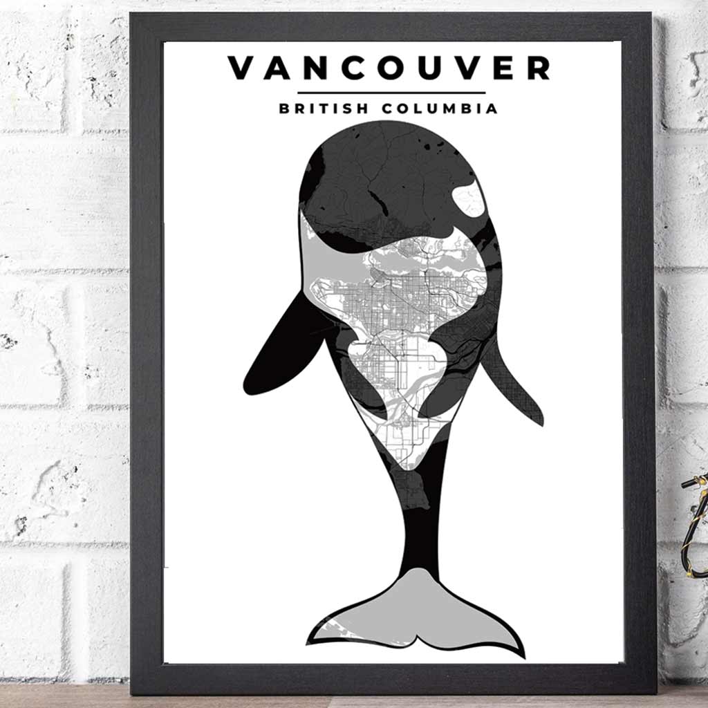 Black and white orca silhouette poster captures Vancouver's animal map and streets within. Framed for a striking and elegant poster.