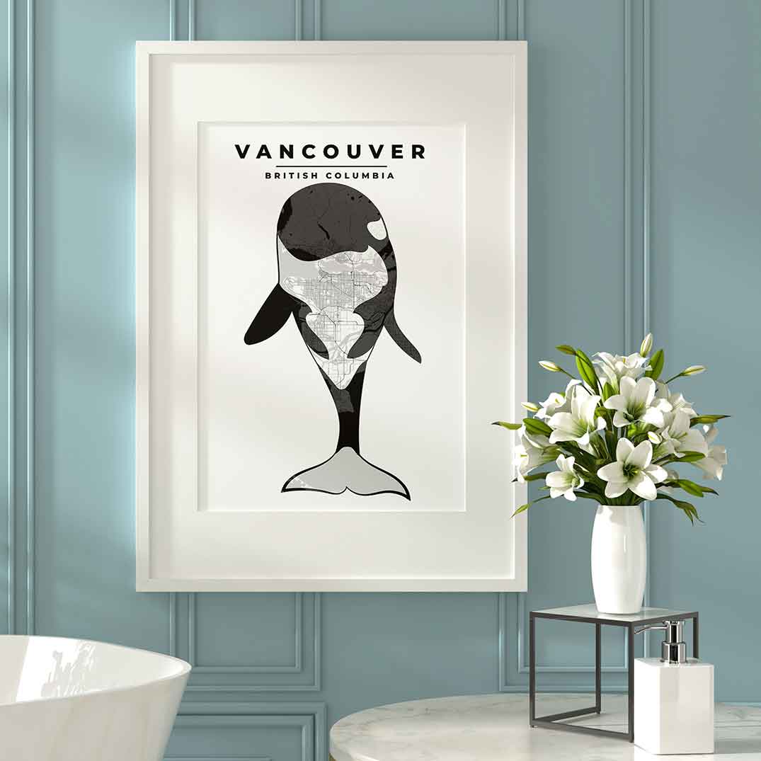 Framed Vancouver orca, the black and white orca silhouette poster shows the map and street of Vancouver, BC inside its body