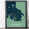 Framed Victoria vintage style blue, art deco print is a map poster featuring all streets and Victoria's neighborhoods, Brentwood Bay, Oak Bay.