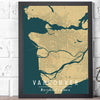 Framed Vancouver vintage style yellow art print is a map poster featuring all streets and neighborhoods in Greater Vancouver.