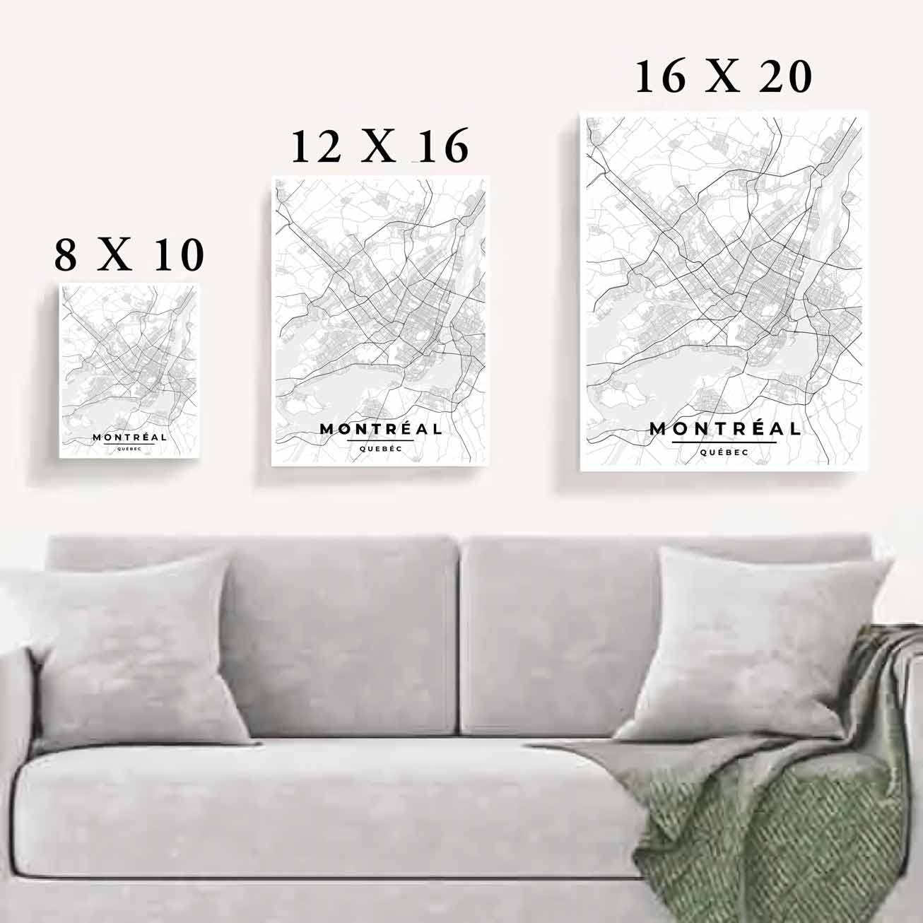 Elevate your living room with the Montreal and Quebec poster map print. Classic minimalism meets timeless elegance in shades of grey and white, enriching your space's aesthetic appeal.