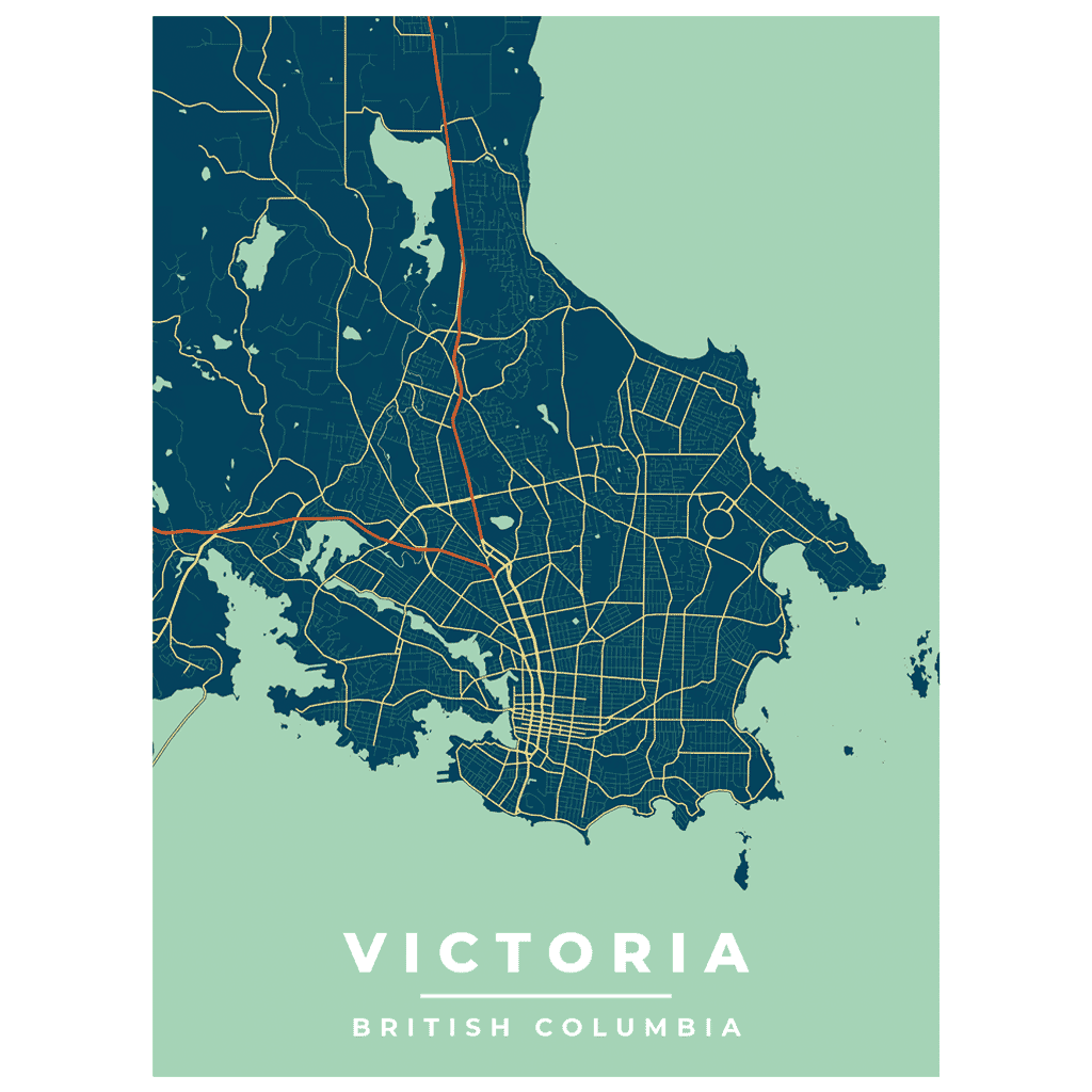 Victoria vintage style blue, art deco print is a map poster featuring all streets and Victoria's neighborhoods, Brentwood Bay, Oak Bay.