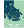 Victoria vintage style blue, art deco print is a map poster featuring all streets and Victoria's neighborhoods, Brentwood Bay, Oak Bay.