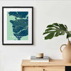 Framed Vancouver vintage style blue, yellow art print is a map poster featuring all streets and neighborhoods in Greater Vancouver.