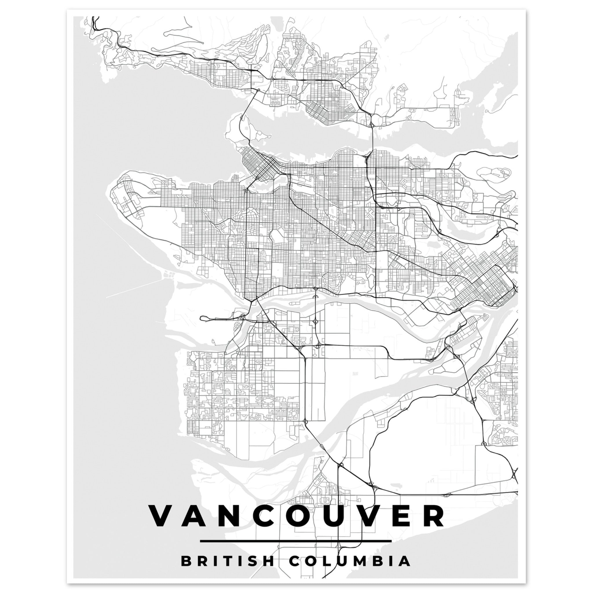 Highly detail the Vancouver, BC, poster map is stylish and minimalist, the soft grey and white colours give it a timeless look