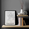 The Vancouver, British Columbia, framed poster map is minimalist, the soft gray and white colors give it a timeless look