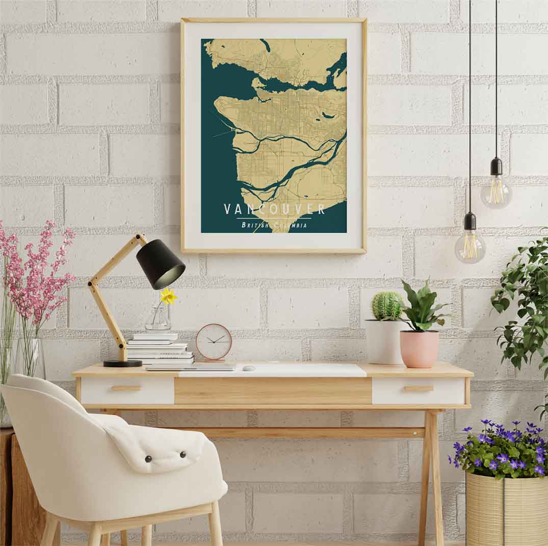 Framed Vancouver vintage style yellow art print is a map poster featuring all streets and neighborhoods in Greater Vancouver