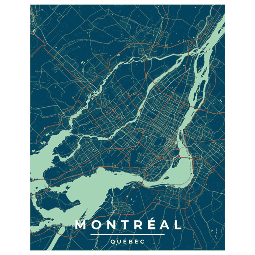 The Montreal vintage style art print is a map poster showing the streets of Montreal in beautiful blue, green tones