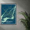 Framed Montreal vintage style blue, yellow art print is a map poster featuring all streets and neighborhoods in Montreal Quebec.