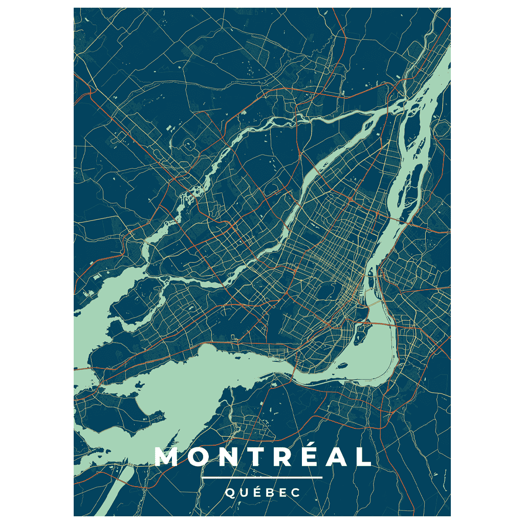 This is a vintage style blue art print map of Montreal showing places and landmarks in the city such as old Montreal,  Mont-Royal, Jacques-Cartier Bridge etc.