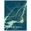 This is a vintage style blue art print map of Montreal showing places and landmarks in the city such as old Montreal,  Mont-Royal, Jacques-Cartier Bridge etc.