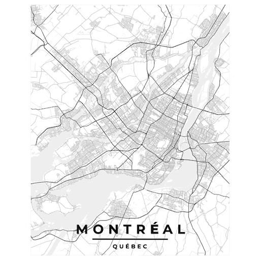 The Montreal and Quebec poster map print elegantly balances classic minimalism. Grey and white hues create a timeless look, beautifully portraying both cities' intricacies.