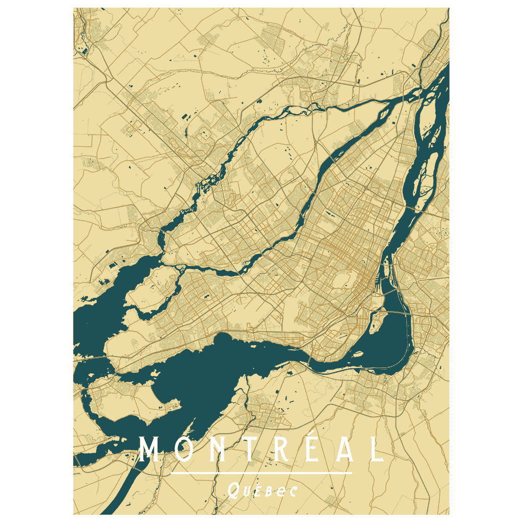 Montreal, Quebec Vintage Art Deco Map Print: Streets and neighborhoods poster with a touch of yellow, showcasing city elegance.