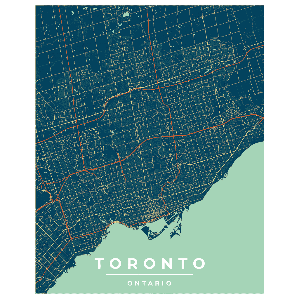 Toronto Vintage-Style Blue Art Deco Print: A map poster featuring streets, High Park, Chinatown, Downtown Core, CN Tower, Rogers Centre, and the Distillery District in the GTA