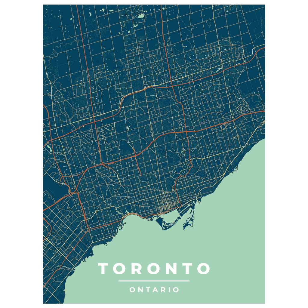 Toronto Vintage-Style Blue Art Deco Print: A map poster featuring streets, High Park, Chinatown, Harbourfront, CN Tower, Rogers Centre, and the Distillery District in the GTA