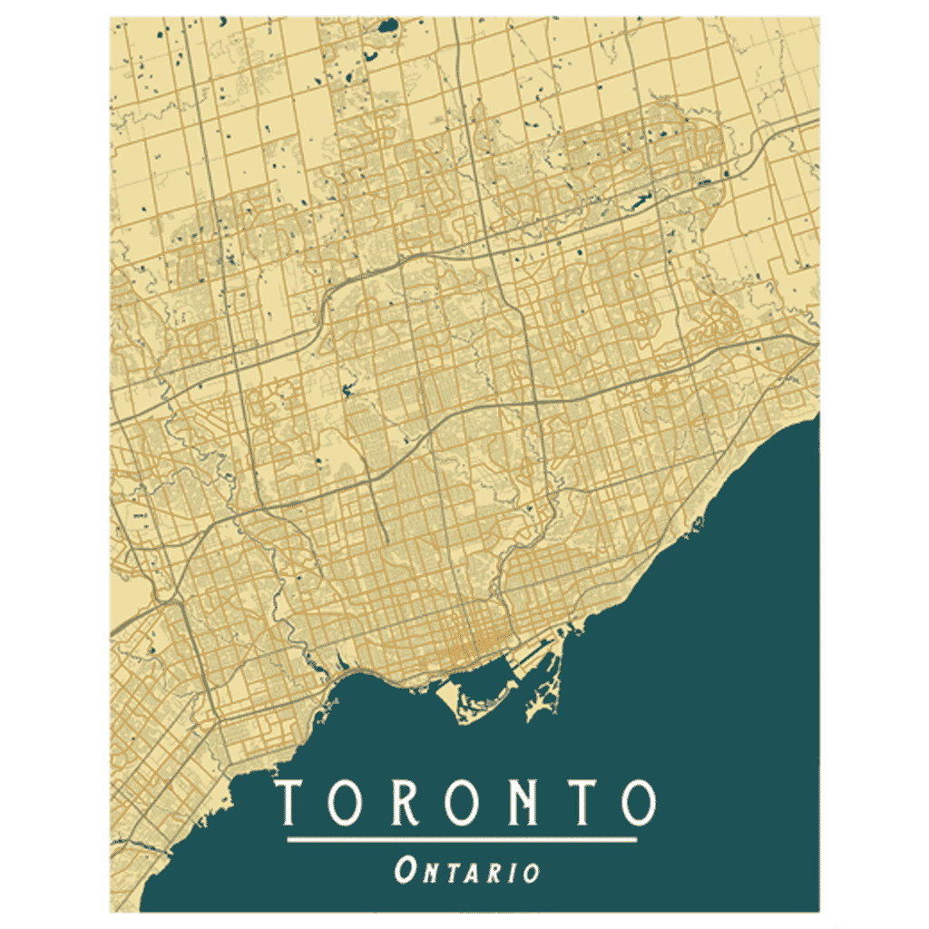 Vintage GTA Map Print: In a yellow Art Deco style, it beautifully merges aesthetics and geography, making it an elegant decor piece.
