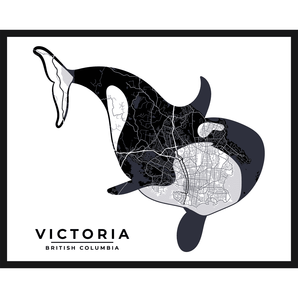 Victoria orca, the white and black orca silhouette poster shows the map and street of Vancouver, BC inside its body