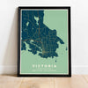 Framed Victoria vintage style blue, art deco print is a map poster featuring all streets and Victoria's Inner Harbour, Brentwood Bay, Oak Bay.