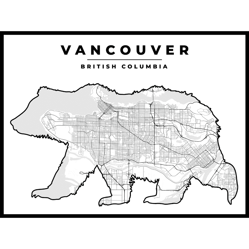 Bear Map Print of Vancouver, British Columbia, is shown inside a grey bear silhouette poster