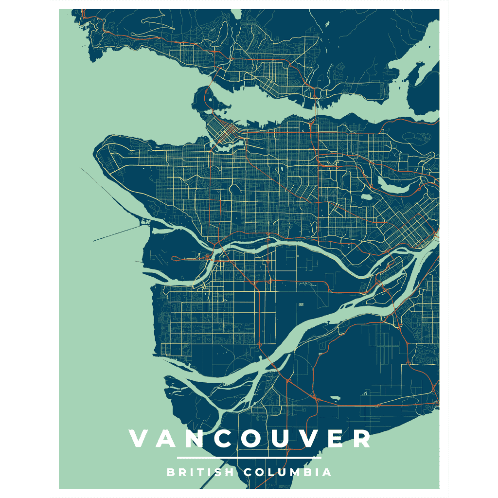 The Vancouver vintage style art print is a map poster showing the streets of Vancouver in beautiful blue, green tones