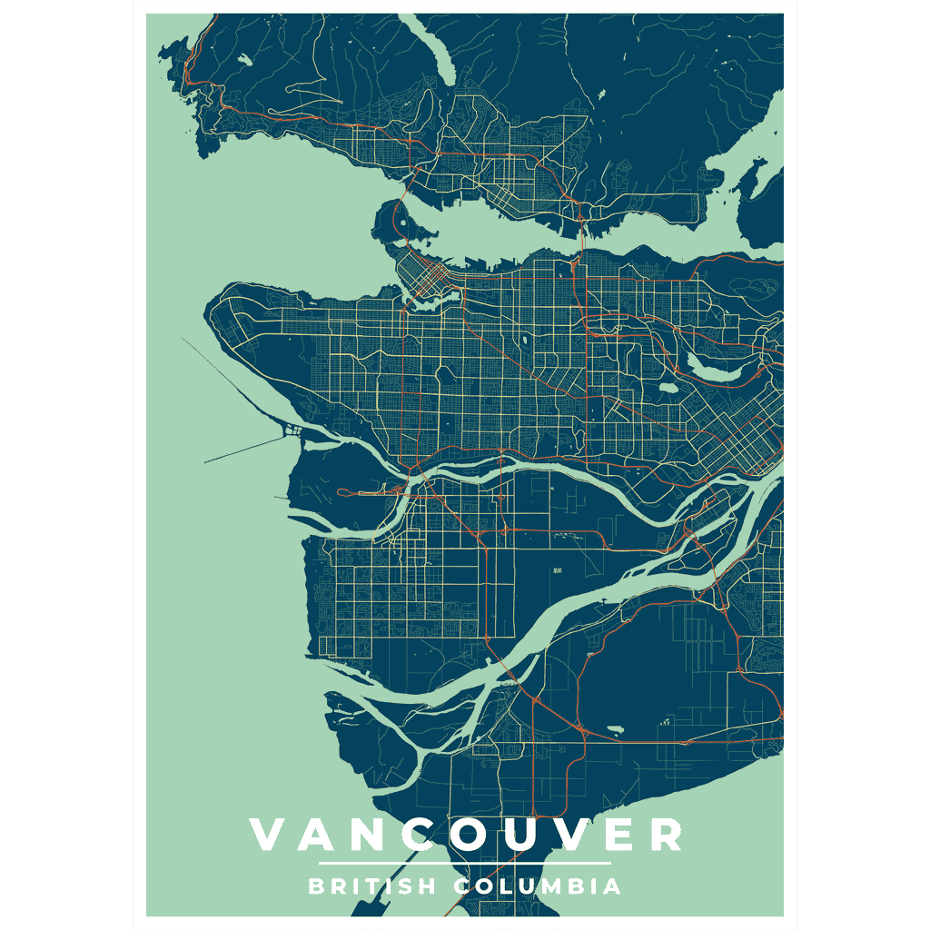 This is a vintage style blue art print map of Vancouver showing places and landmarks in the city such as Stanley Park, Gastown, Kitsilano etc.