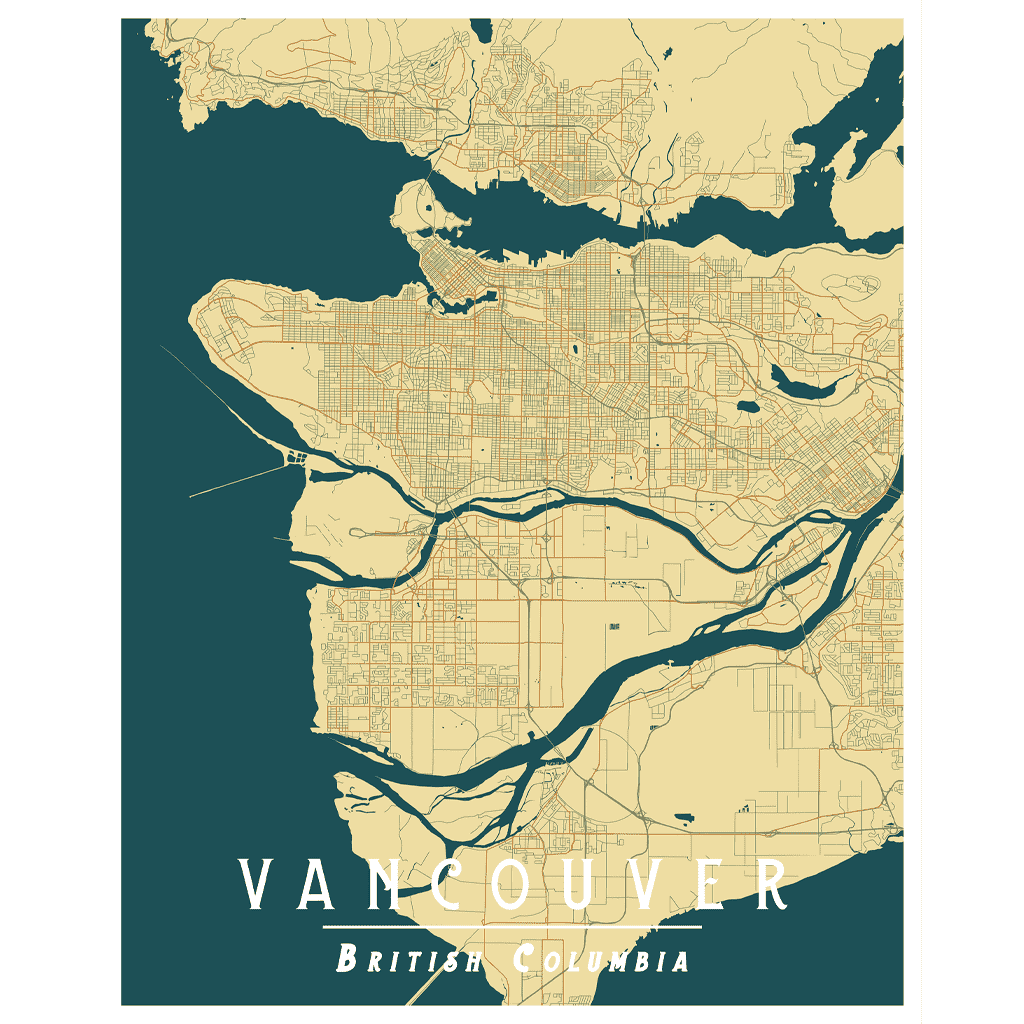 The Vancouver vintage style art print is a map poster featuring the streets of Vancouver in beautiful yellow tones.