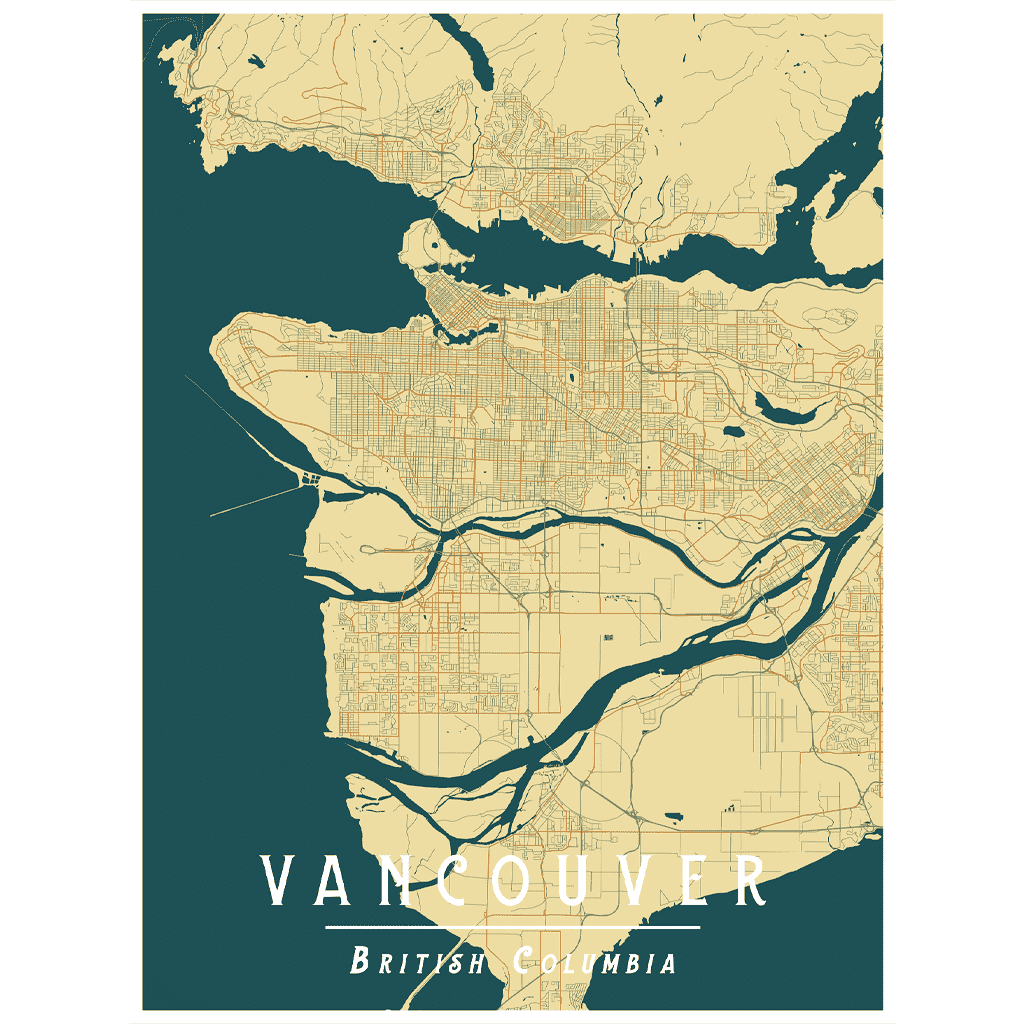 The Vancouver vintage style yellow art print is a map poster featuring the streets and neighborhoods of Vancouver