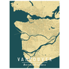Load image into Gallery viewer, The Vancouver vintage style yellow art print is a map poster featuring the streets and neighborhoods of Vancouver
